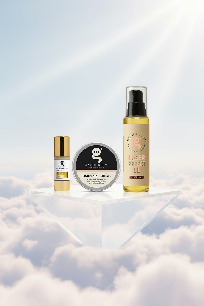 Three skincare products on a reflective surface with a cloudy sky background