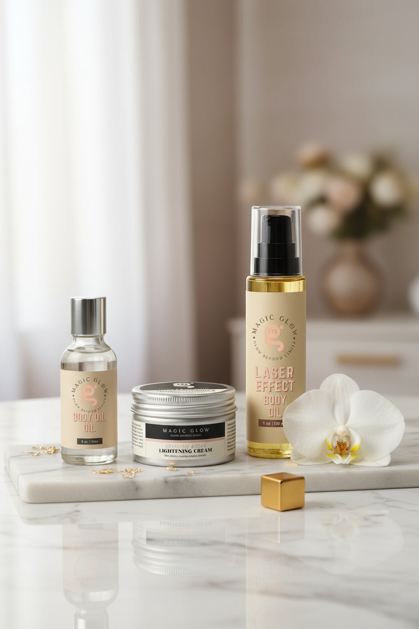 Skincare products on a marble surface with a blurred background