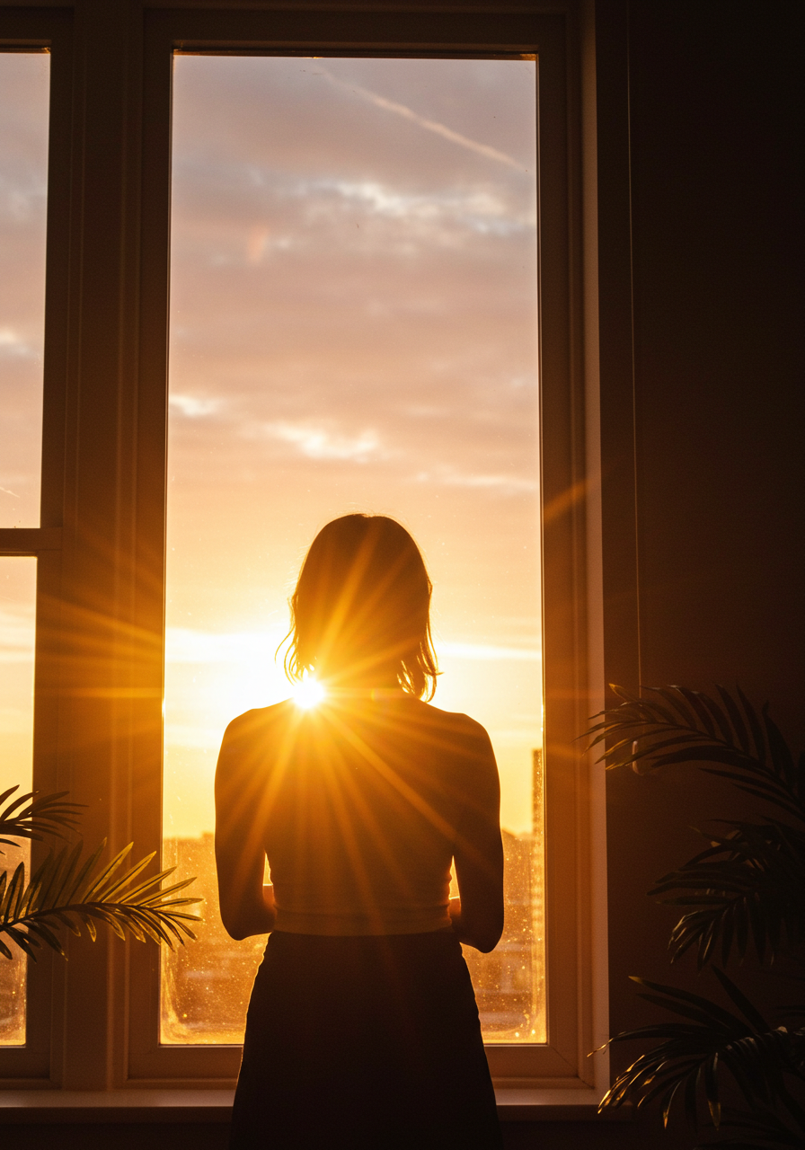 The silhouette of Magic Glow UAE's founder looking out a window at a golden sunset, symbolizing her vision and mission to empower natural beauty.