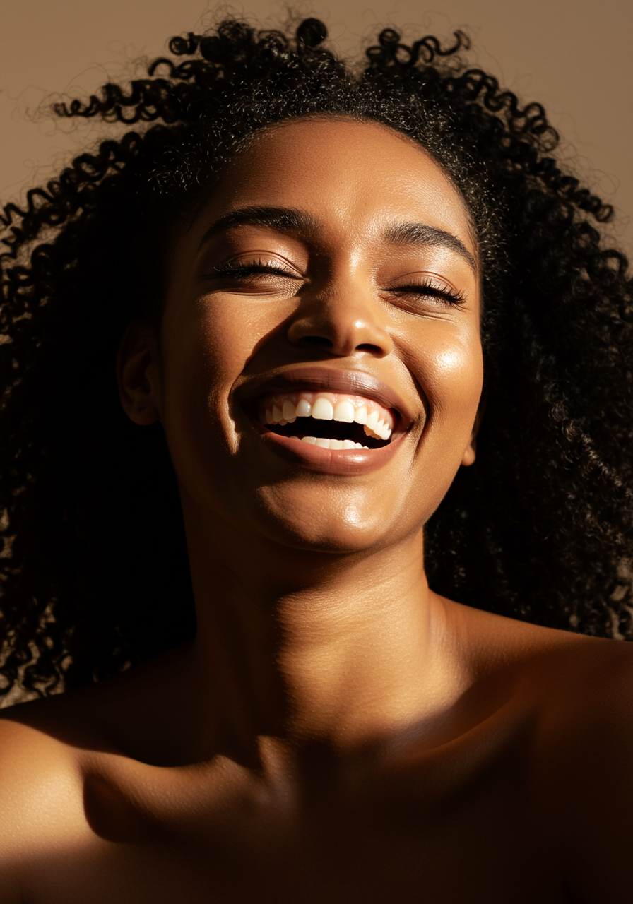 A close-up of beautiful, glowing melanin-rich skin, demonstrating the radiant and healthy result of using Magic Glow UAE products.