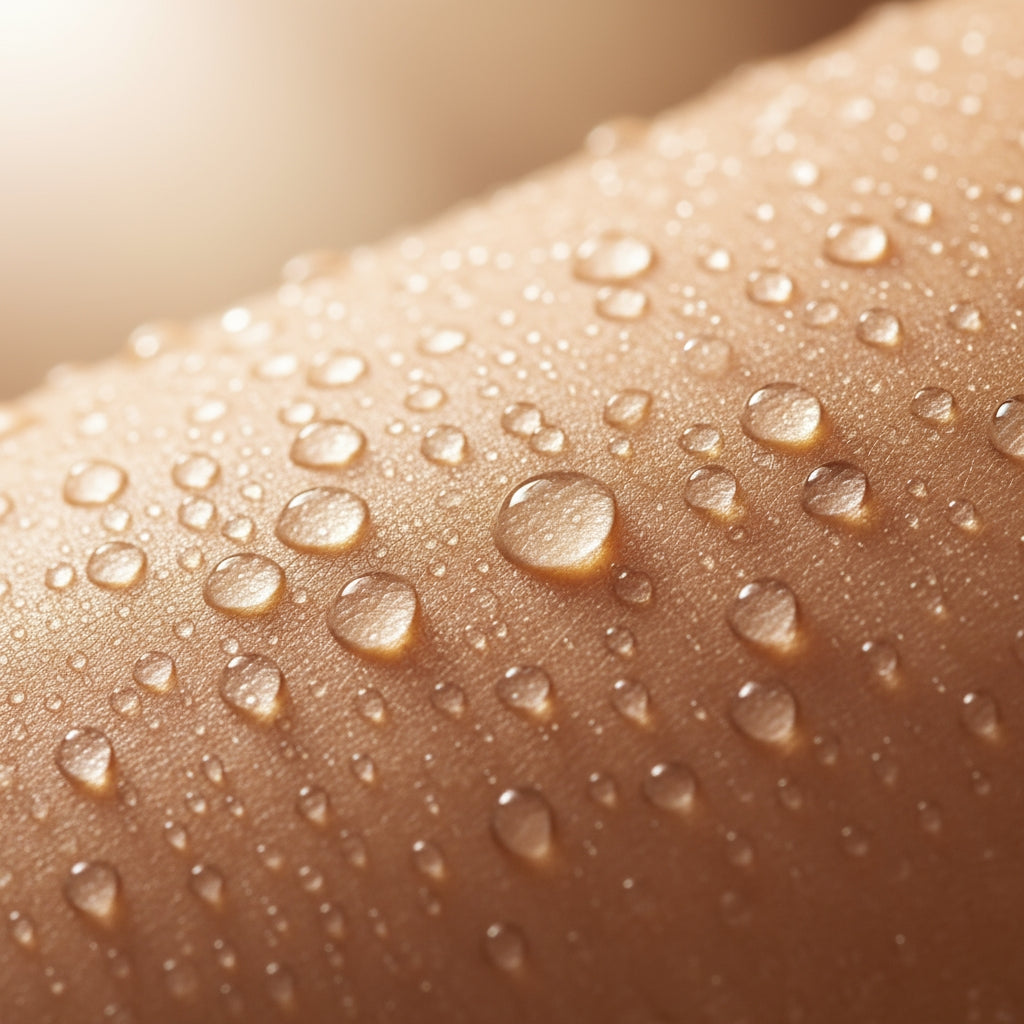 English: A close-up macro shot of healthy skin with fresh water droplets, highlighting a dewy, hydrated, and radiant complexion.

