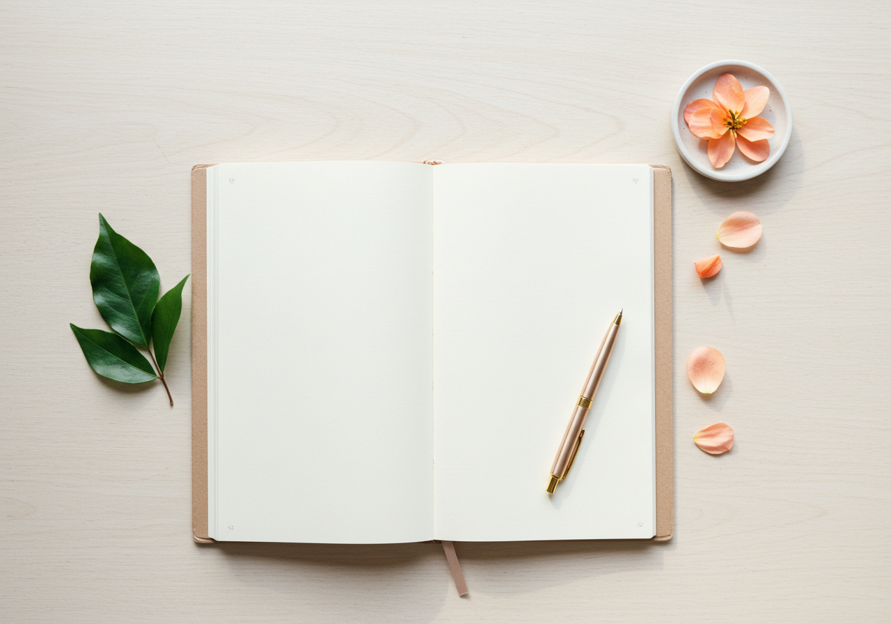 A calm and inviting image for the Magic Glow UAE contact page, featuring a notebook, a pen, and natural elements.
