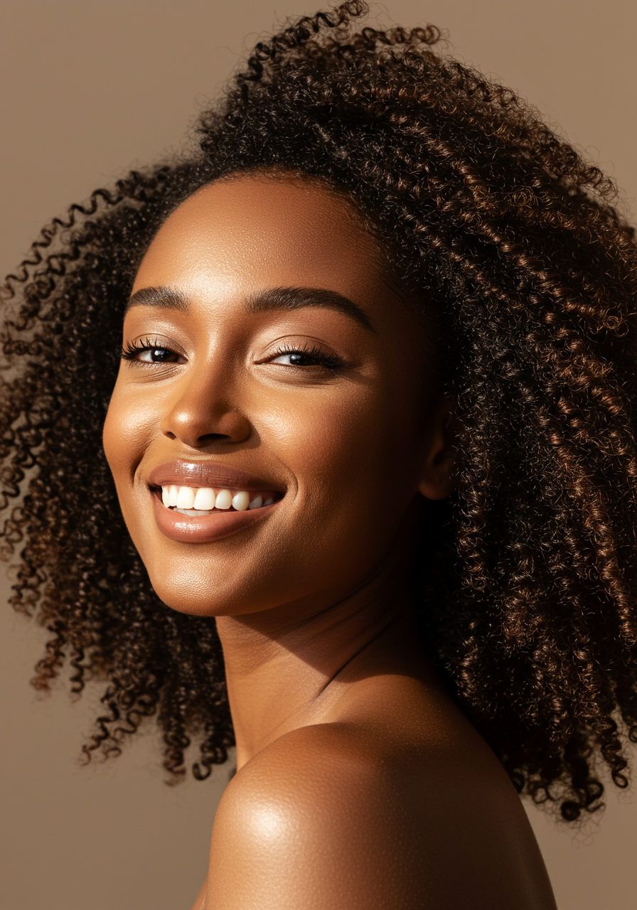 Woman with curly hair smiling against a brown background