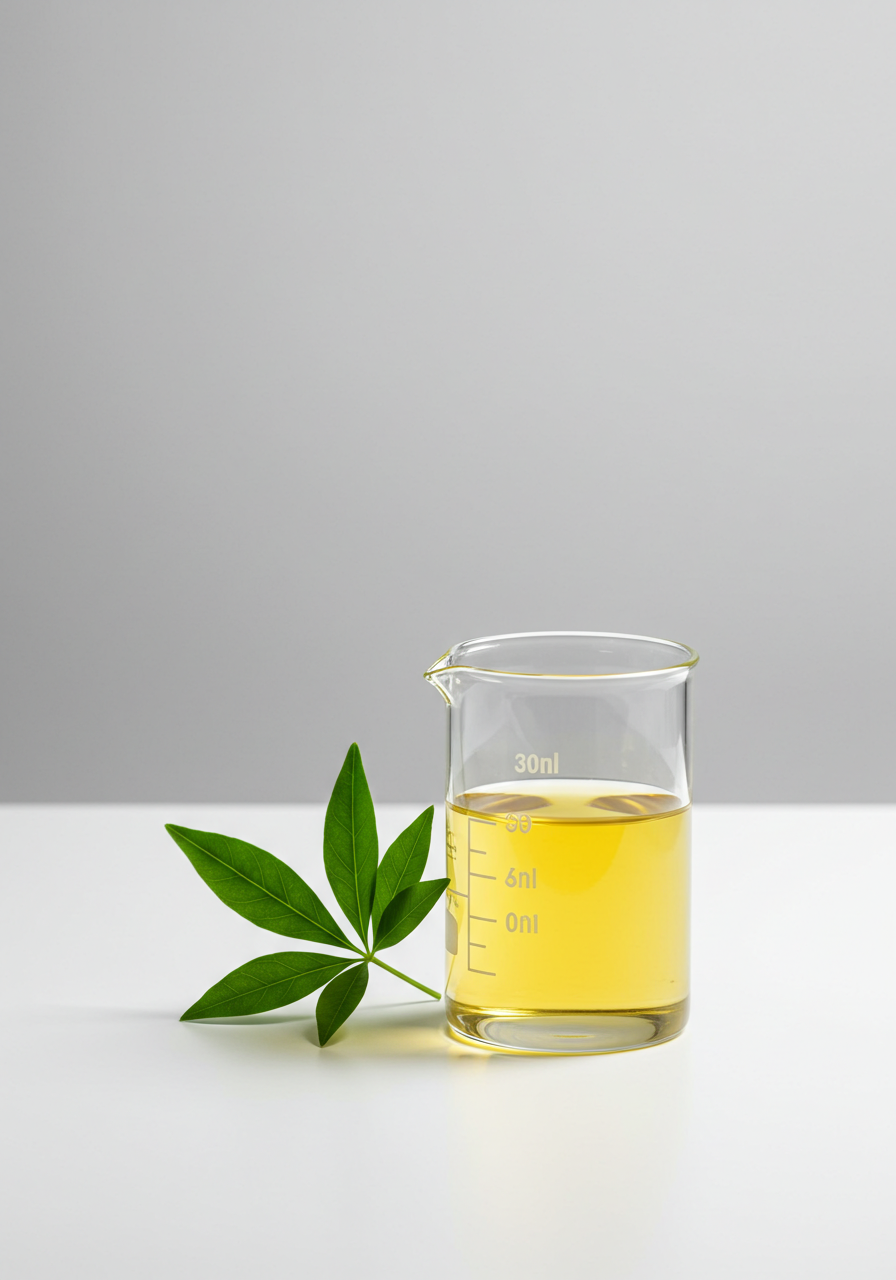 A clean, artistic photo symbolizing the science behind Magic Glow UAE, with a glass dropper and a botanical leaf representing the fusion of science and nature.