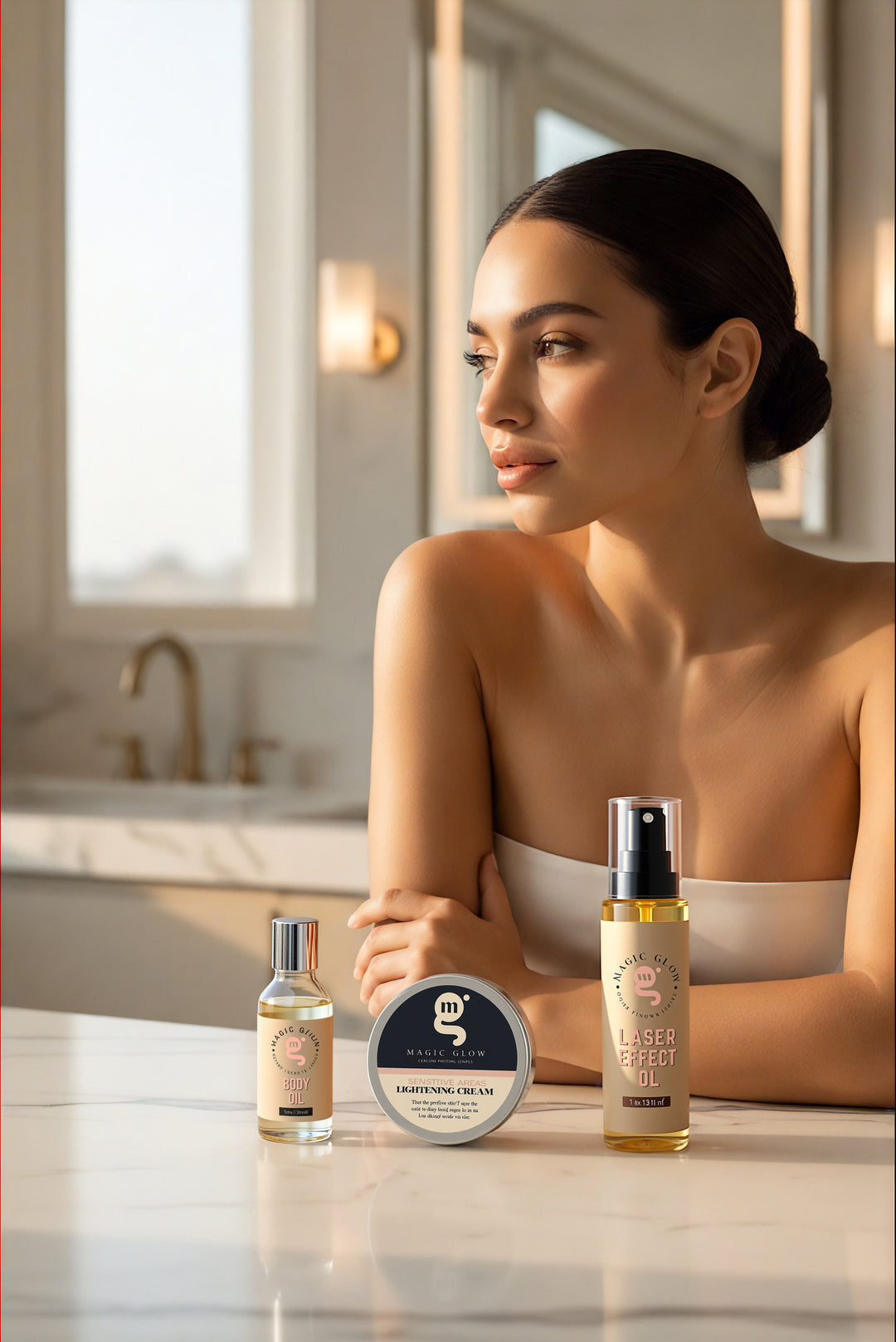 English: A confident woman gracefully holding The Glow-Up Kit, a complete skincare bundle with Magic Glow's best-selling products.